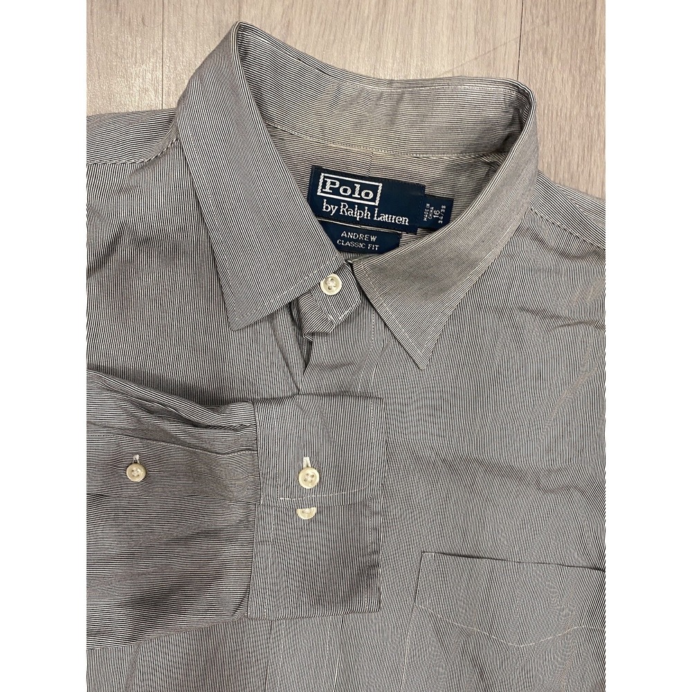 Polo by Ralph Lauren Shirt Mens VTG 16 34/35 Gray Striped Andrew Classic Fit